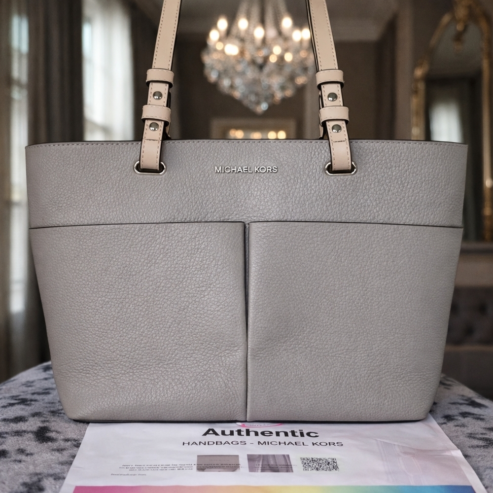 Michael Kors Pebbled Leather Tote Gray & Beige Large Shoulder Bag Authentic - Picture 2 of 8